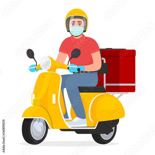 Courier or delivery man in face mask and gloves riding scooter. Young person on the moped carrying food parcel packs. Safety fast delivery service during corona virus epidemic. Vector illustration.