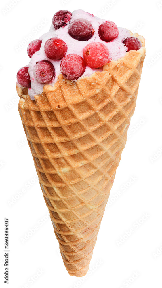 Ice cream in waffle cone with cranberry isolated Ice cream in waffle cone with cranberry isolated
