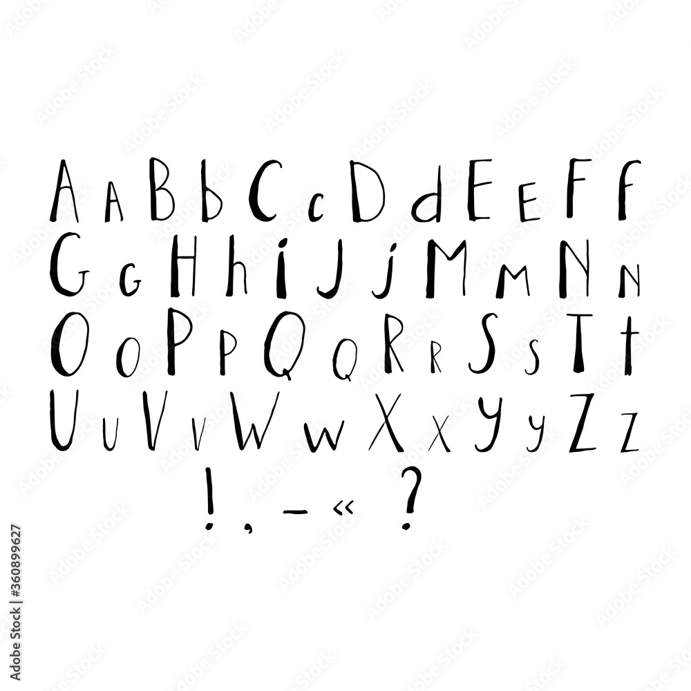 Stylish alphabet, abc, hand drawn letters and numbers set isolated on white background stock vector illustration Stylish alphabet, abc, hand drawn letters and numbers set isolated on white background stock vector illustration
