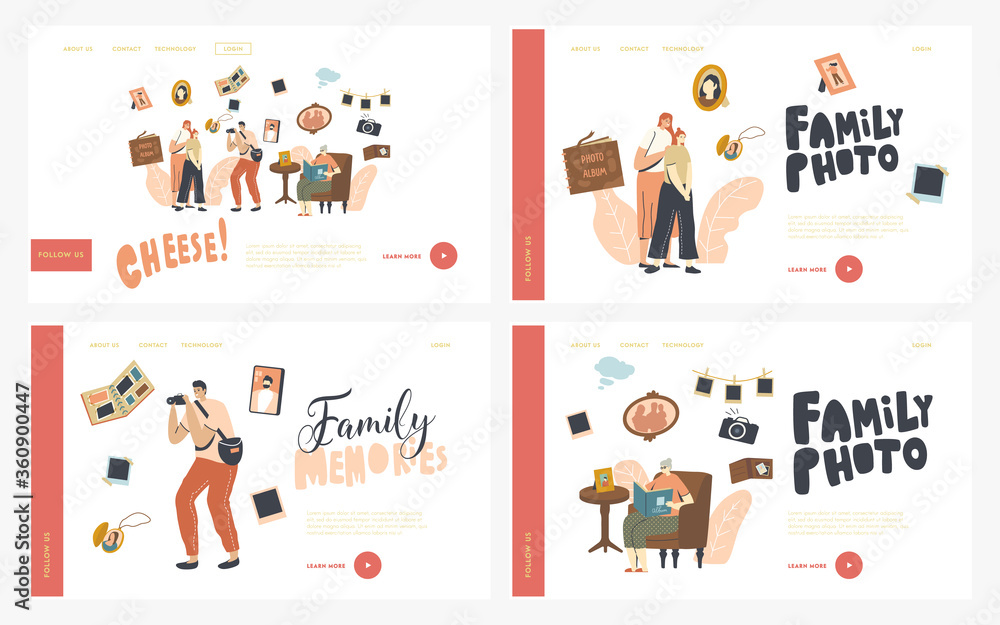Naklejka Family Photo Landing Page Template Set. Mother and Daughter Characters Visit Salon Make Photography. Senior Woman Sit with Album in Hands Watching Pictures from Past. Linear People Vector Illustration