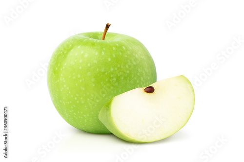 Organic green Apple with sliced isolated on white background.
