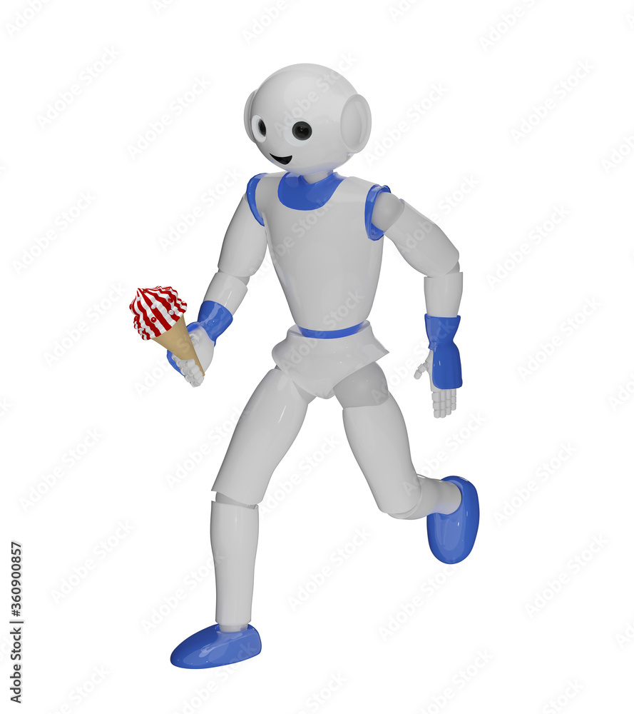 lustiger Roboter rennt mit Eis in der Hand. lustiger Roboter rennt mit Eis in der Hand.