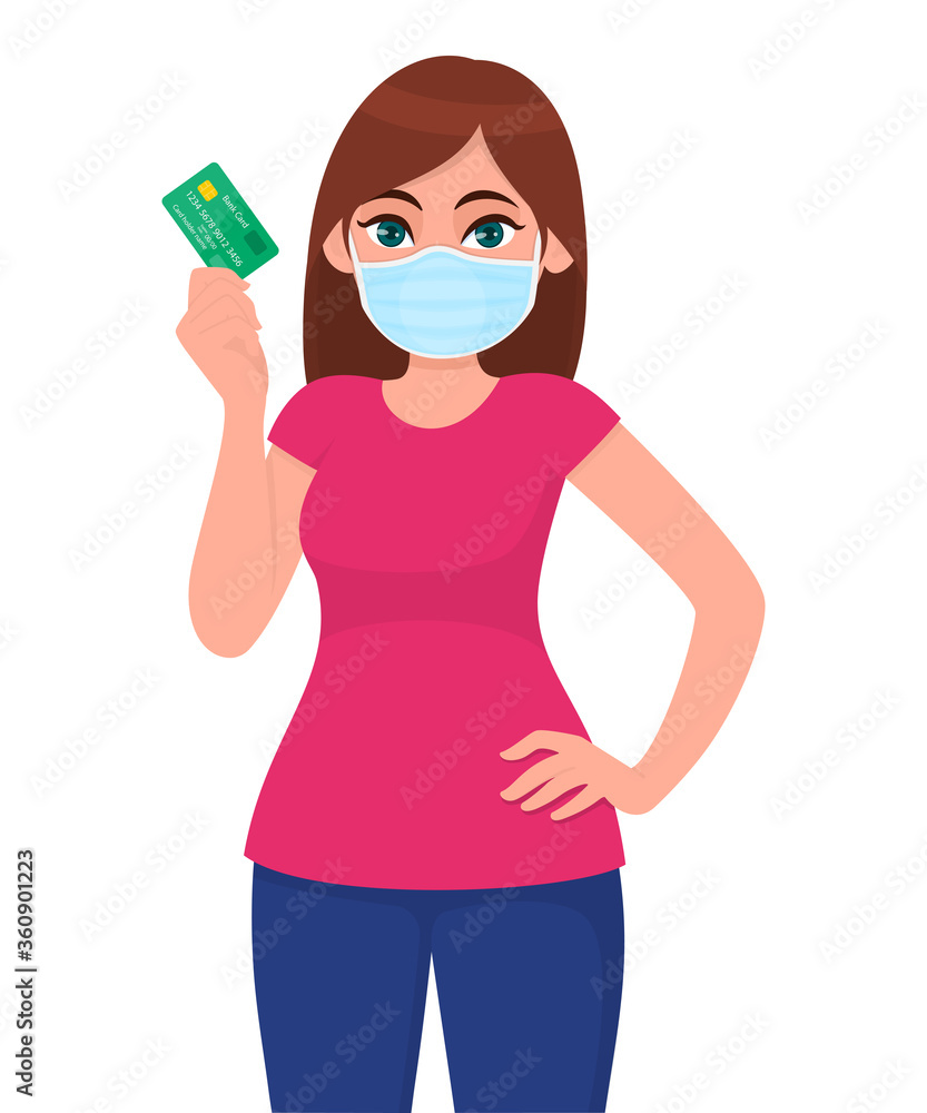 Young girl in medical face mask showing credit, debit card. Woman holding ATM transaction card. Female character. Business and finance. Corona virus epidemic outbreak. Cartoon illustration in vector.