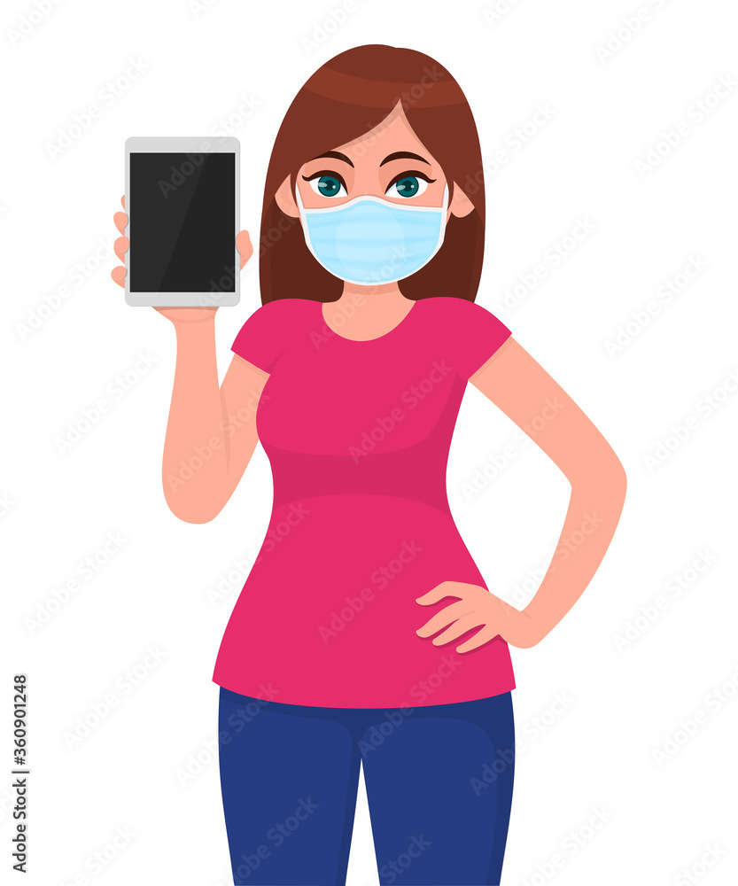 Young girl in medical face mask showing tablet computer. Woman holding digital gadget or pad. Female character. Corona virus epidemic outbreak. Modern technology. Cartoon illustration in vector design Young girl in medical face mask showing tablet computer. Woman holding digital gadget or pad. Female character. Corona virus epidemic outbreak. Modern technology. Cartoon illustration in vector design