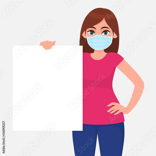 Young woman in medical face mask, showing blank poster. Girl holding empty banner or board. Female character design. Corona virus epidemic outbreak. Modern lifestyle. Cartoon illustration in vector.