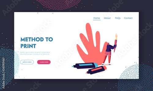 Creative Hobby, Drawing Class, Talent Landing Page Template. Talented Artist Tiny Female Character with Huge Brush in Hands and Markers Prepare to Create Painting Art. Cartoon Vector Illustration