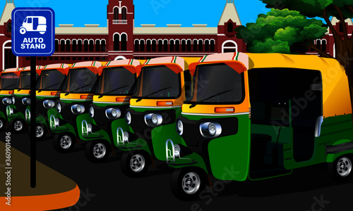 illustration vector of auto rickshaw stand at railway station
