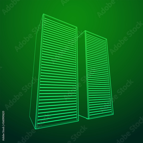 Data center storage room object. Hardware equipment telecommunication server. Computer database tower. Internet industry cluster. Wireframe low poly mesh 3d render illustration