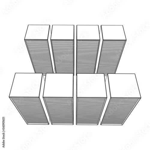 Data center storage room object. Hardware equipment telecommunication server. Computer database tower. Internet industry cluster. Wireframe low poly mesh 3d render illustration