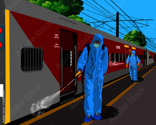 Illustration of men wearing a protective suit disinfect Indian transport services with a spray gun. Prevention against Coronavirus disease.
