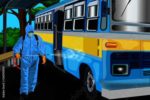 Illustration of men wearing a protective suit disinfect Indian transport services with a spray gun. Prevention against Coronavirus disease.