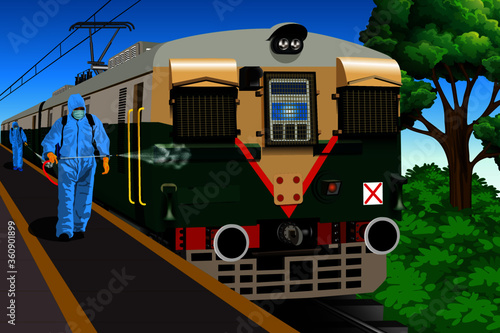 Illustration of men wearing a protective suit disinfect Indian train and station with a spray gun. Prevention against Coronavirus disease.