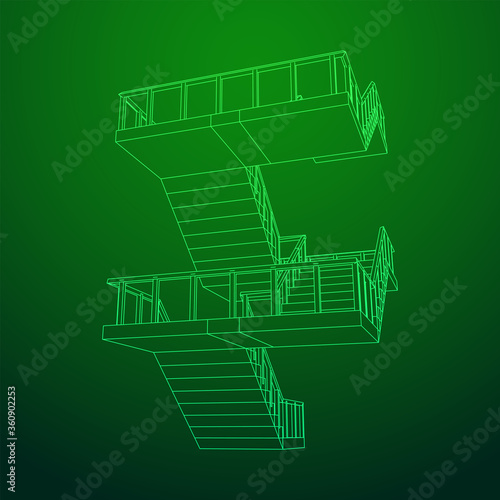 Wireframe stairs  interior staircases steps with railing. Wireframe low poly mesh vector illustration.