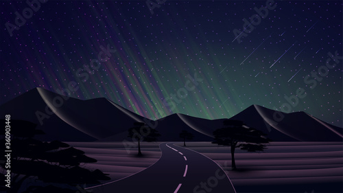 Night landscape with a road in the desert with sand dunes, trees, starry sky, green Northern lights and mountains on the horizon.