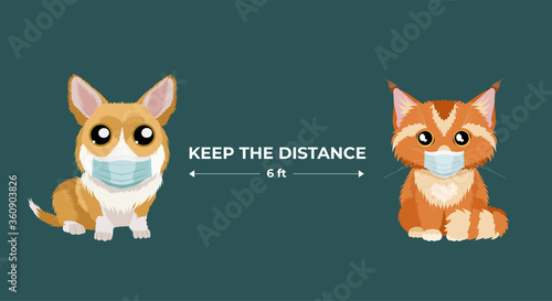 Wallpaper Mural Keep safe distance two meters or six feets. Coronavirus infection spreading prevention information sign with welsh corgi and maine coon in medical masks. Vector illustration  for children Torontodigital.ca