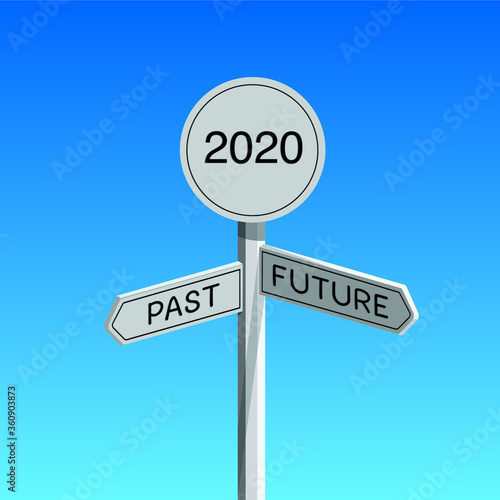 Wooden Signpost 2020 with two arrows past and future on blue sky background . Vector Illustration. Flat design. 