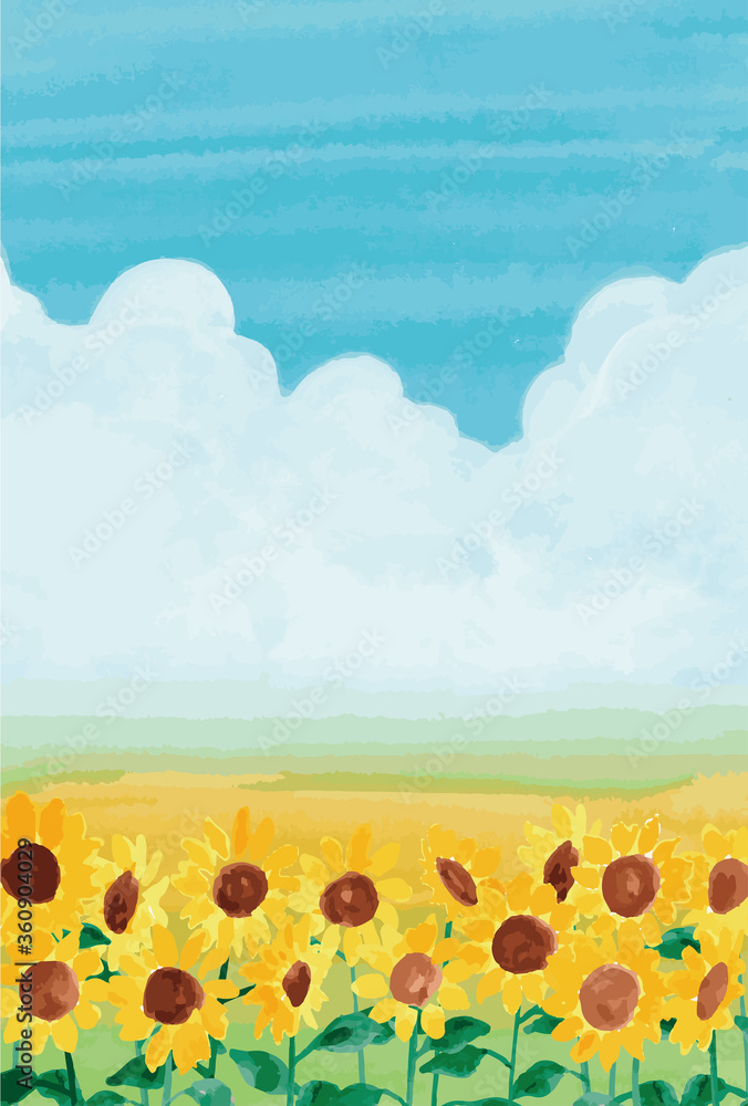 ひまわりが満開に咲いている夏の風景の水彩画イラスト