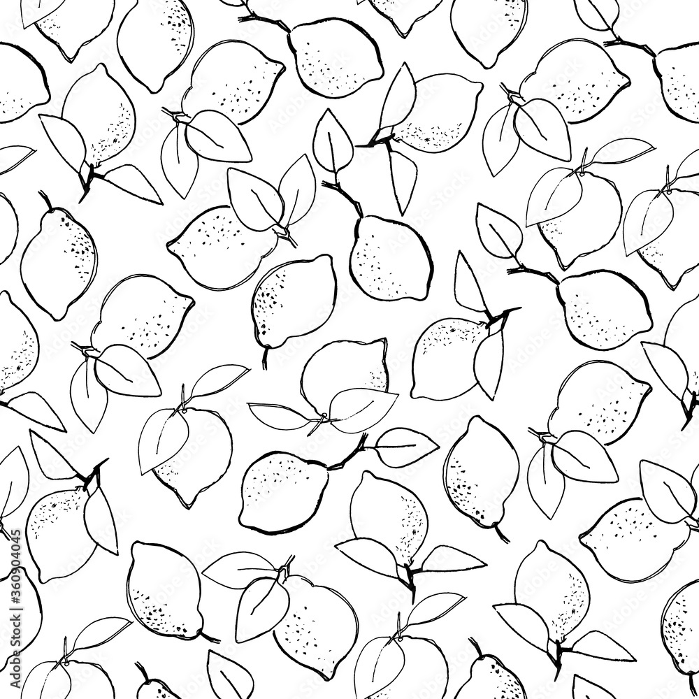 Seamless pattern with outlined lemons for surface design, posters, coloring books. Healthy vegan food, tropical fruit theme Seamless pattern with outlined lemons for surface design, posters, coloring books. Healthy vegan food, tropical fruit theme