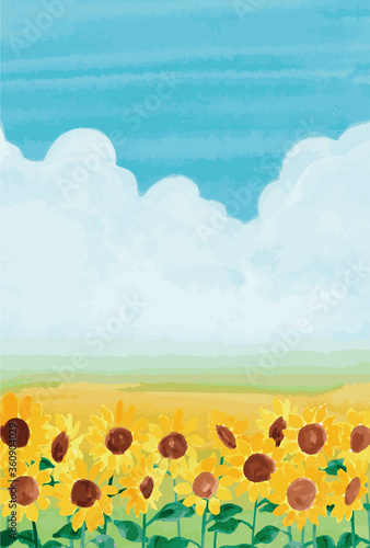 ひまわりが満開に咲いている夏の風景の水彩画イラスト