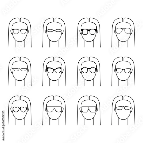 Set with vector icons illustrating women in sunglasses. Art сan be used as logo for glasses store.