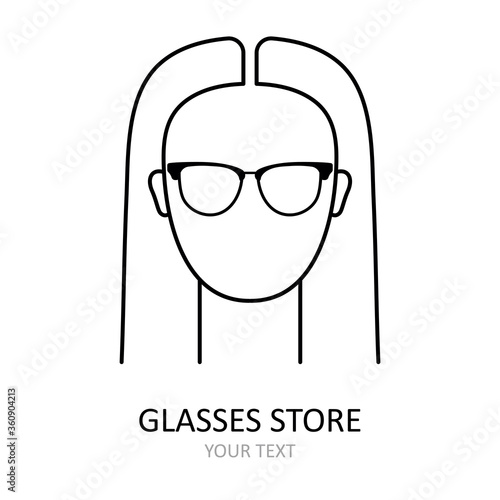 Vector icon. Illustration of woman wearing glasses. Art сan be used as logo for glasses store.