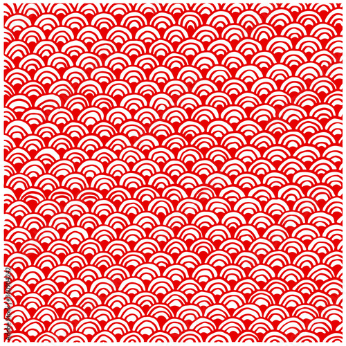 Flat doodle illustration, Chinese traditional oriental ornament pattern background. Red waves or cloud design.