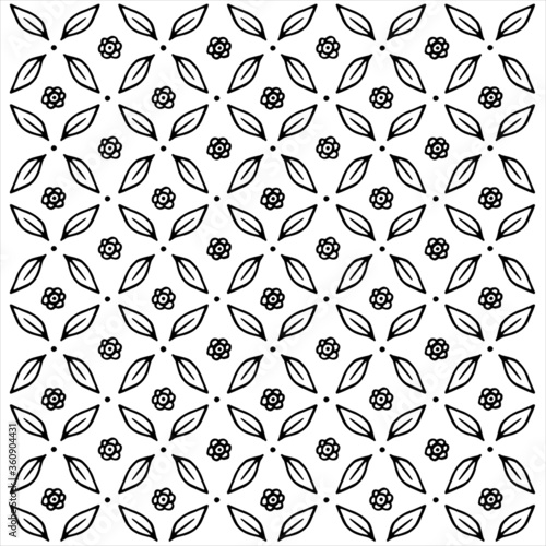 Flat doodle of flora, leaf and flower seamless pattern. Black and white outline style isolated on white background. Vintage seamless pattern design.