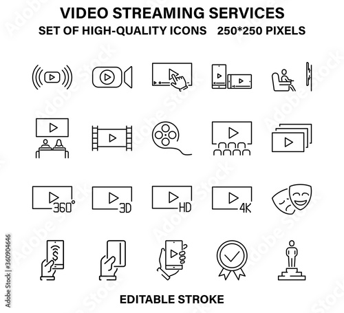 A set of simple linear icons for streaming video services and online cinemas.