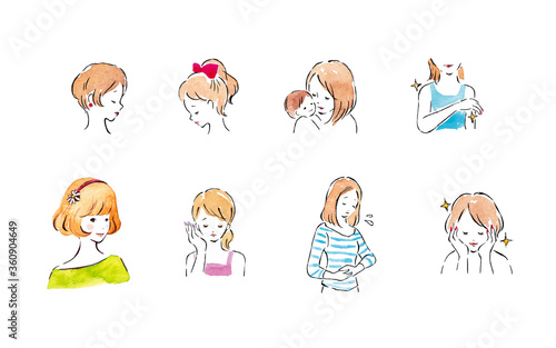 水彩で描いた困っている女性のイラスト詰め合わせ