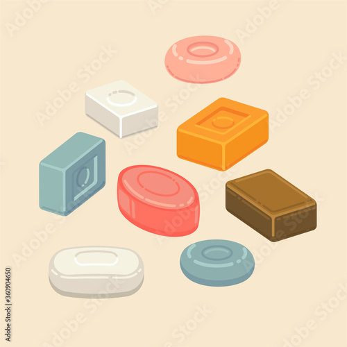 Set of vector soap pieces of different shapes and colors.