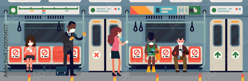 Subway commuters during coronavirus pandemic safety measures campaign. Underground train car with 'Do not sit here' stickers and other social distancing markers