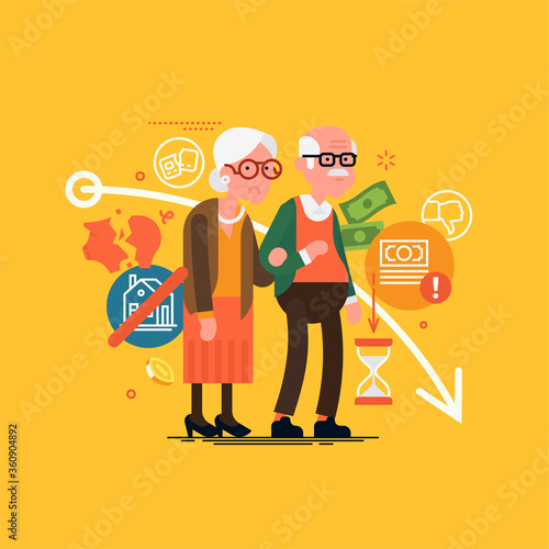Sad and worried elderly couple having troubles with pension plan during economy recession and crisis. Losing pension savings concept vector illustration