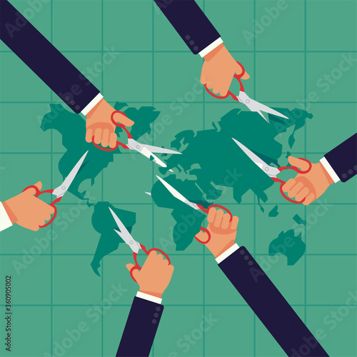 Global wealth and sphere of influence redistribution flat vector concept design. Hands with scissors tearing world apart. Transnational corporations splitting world up