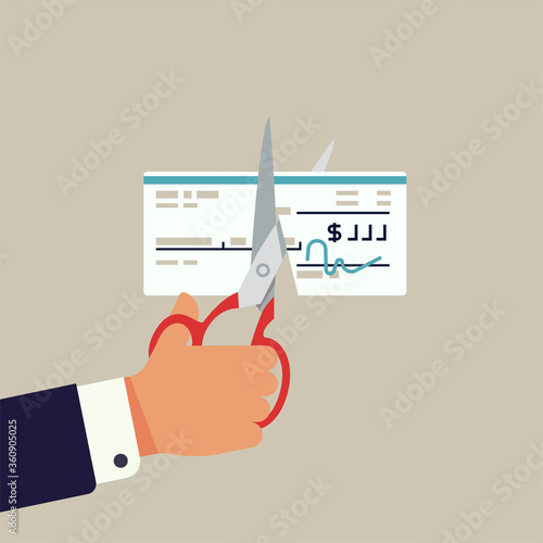 Pay cut vector concept illustration with hand with scissors cutting a paycheck, isolated