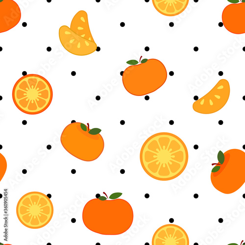 Fototapeta Naklejka Na Ścianę i Meble -  Tangerine mandarin, full and slices, illustration with polka dots background seamless pattern