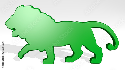 LION made by 3D illustration of a shiny metallic sculpture on a wall with light background. animal and design