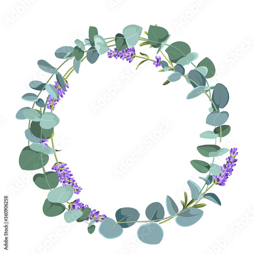 Eucaliptus and lavender elements design template. Simple design with frame flowers. Herbal vector frame
