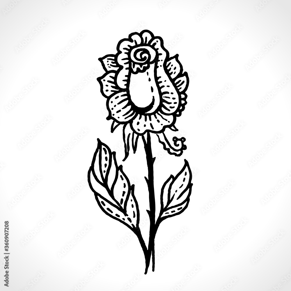 Rose burgeon tattoo. Black ink drawn sketch of a blooming rose for a tattoo. Vector old school style pattern. Rose burgeon tattoo. Black ink drawn sketch of a blooming rose for a tattoo. Vector old school style pattern.