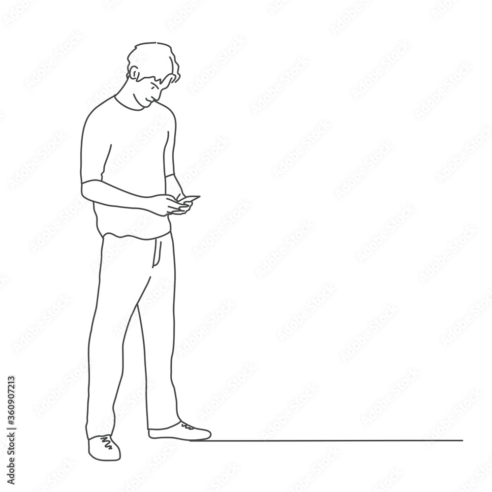 Guy are using phone. Line drawing vector illustration.