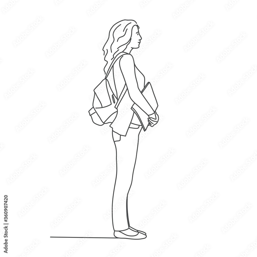 Young woman is standing with backpack on his back. Line drawing vector illustration.