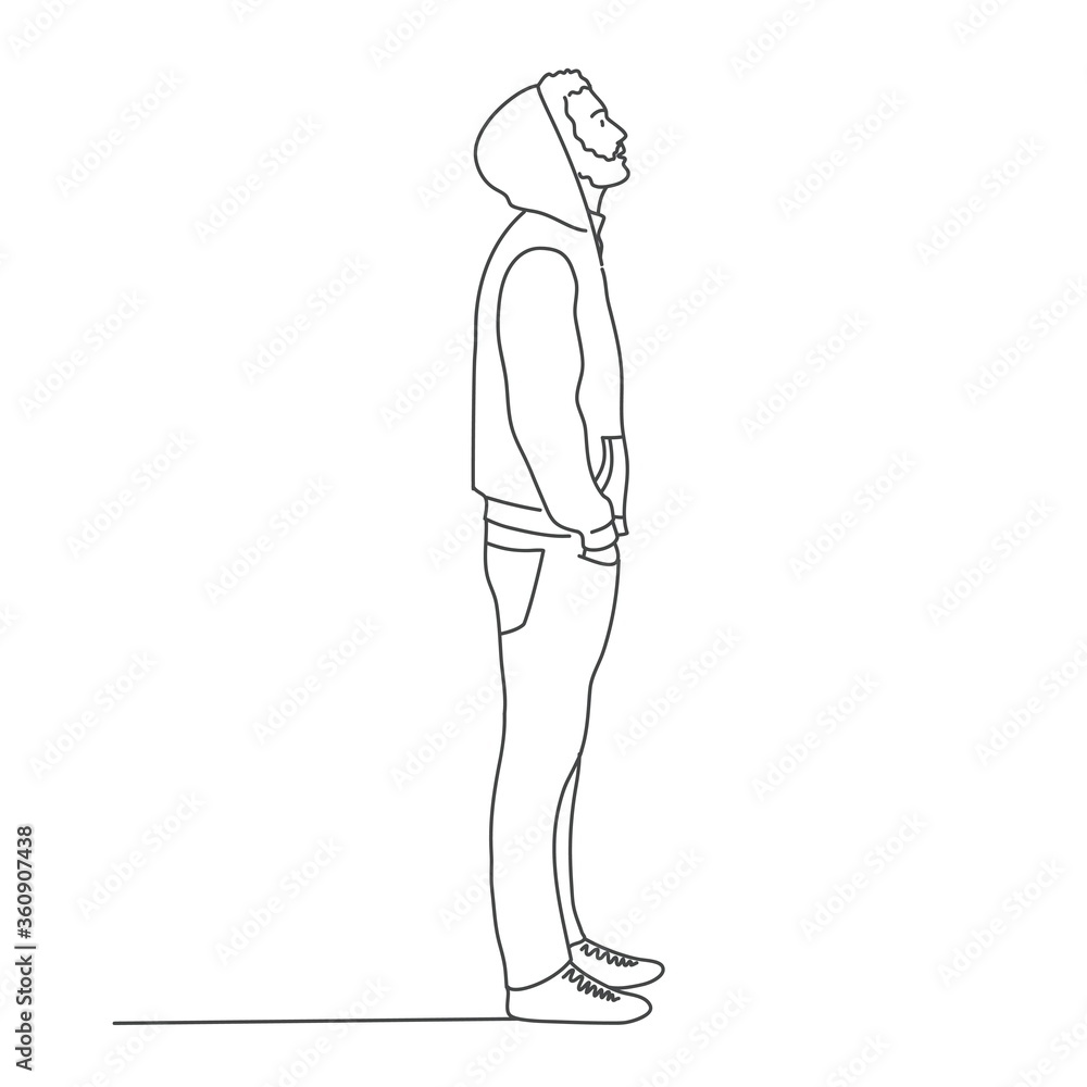 Guy in a hoodie is looking up. Line drawing vector illustration.
