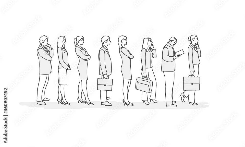 Business people standing in row. Line drawing vector illustration.