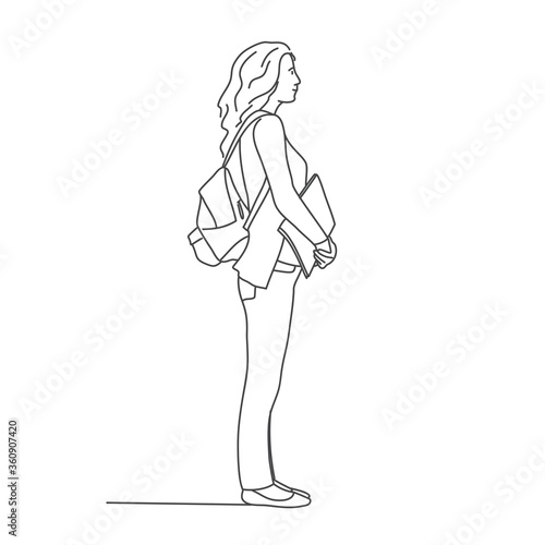 Young woman is standing with backpack on his back. Line drawing vector illustration.