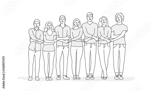 Group of people holding hands support team unity. Line drawing vector illustration.