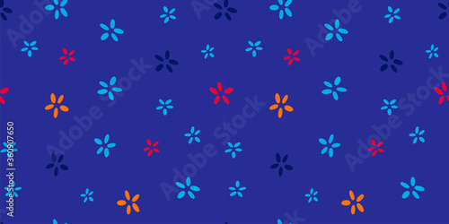 seamless pattern with small abstract multi-colored flowers on a navy blue background. flat design. floral theme. for packaging, paper, fabric. print for clothes