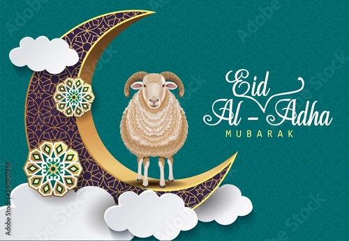 Eid Mubarak for the celebration of Muslim community festival Eid Al Adha. Greeting card with sacrificial sheep and crescent on cloudy background. Vector illustration.