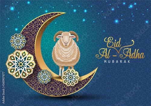 Eid Mubarak for the celebration of Muslim community festival Eid Al Adha. Greeting card with sacrificial sheep and crescent on lanterns background. Vector illustration.