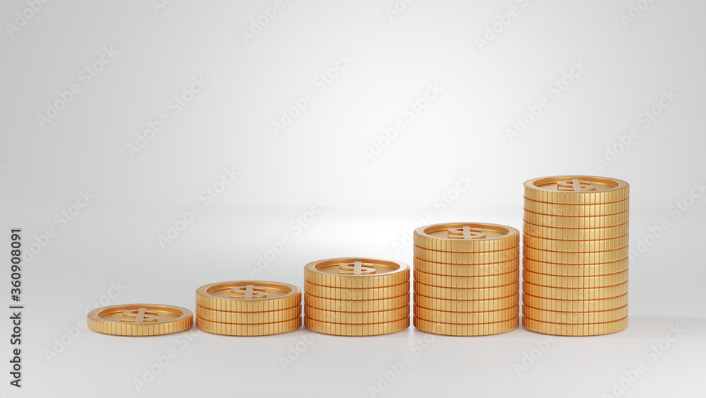 Dollar gold coins stacked on a white background climbed steadily, the development concept, the concept of saving money. Dollar gold coins stacked on a white background climbed steadily, the development concept, the concept of saving money.