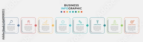 Business Infographic design template Vector with icons and 8 eight options or steps. Can be used for process diagram, presentations, workflow layout, banner, flow chart, info graph