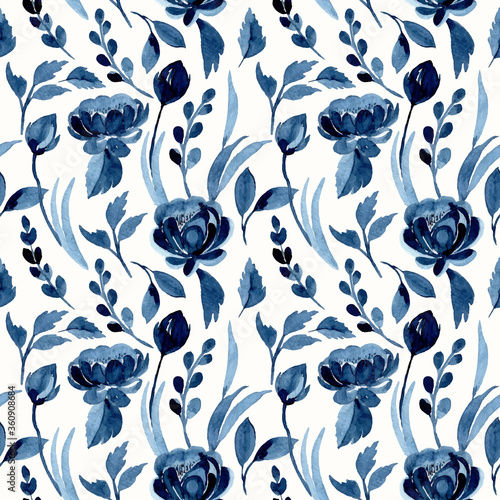 indigo seamless pattern with watercolor flowers